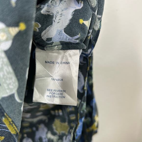 Tyler Boe Halprin Silk Whoof Dog Party Print Button Up Shirt Blue Green Large - Picture 8 of 11